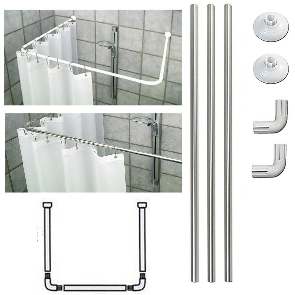 Bastone tubo per tenda doccia vasca 3 lati alluminio bianco